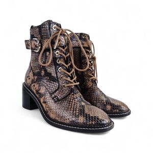 Joie Python Leather Combat Boots 37.5 | Block Heel Lace Up Ankle Booties Rasta